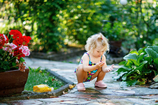 Cute little baby girl in colorful swimsuit watering plants and blossoming flowers in domestic garden on hot summer day. Adorable toddler child having fun with playing with water and ca