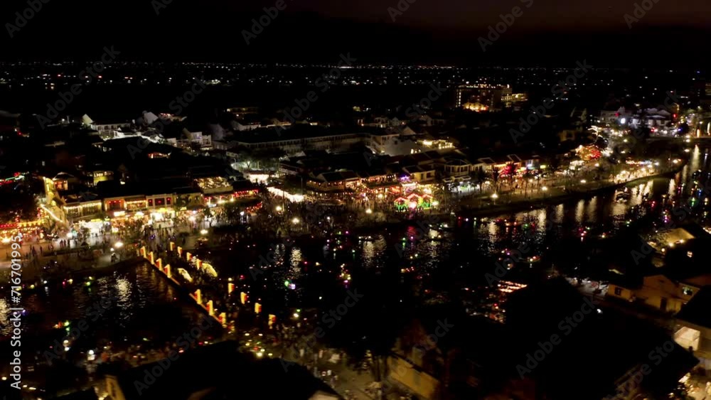 Canvas Prints River Boats in Hoi An Old Town at Night.  Vietnam.  4k Aerial Drone Footage