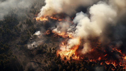 Wildfire. Flame and smoke in the forest. Aerial view