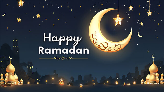 A simple and elegant design with "Happy Ramadan" written, with a star and moon