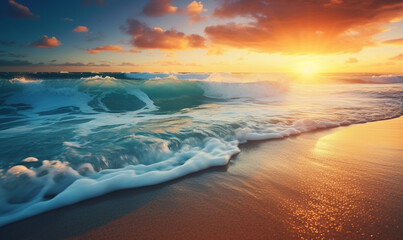 Tropical beach panorama view with foam waves before storm, seascape with Palm trees, sea or ocean water under sunset sky with dark blue clouds. Background summer