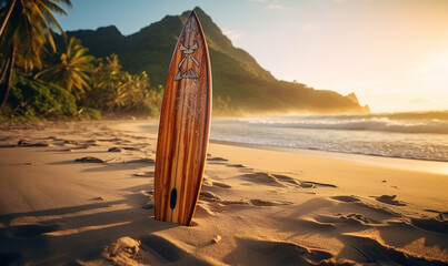 Surfboard on the tropical beach by the ocean with palm tree, Summer wallpaper background. Travel,...