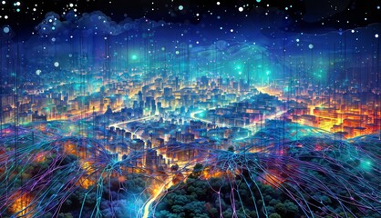 3D illustration of futuristic city at night with lights and connection lines