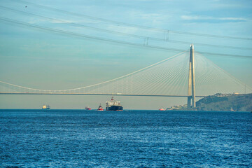 Fototapeta na wymiar Yavuz Sultan Selim bridge in front of black sea view from Istanbul Bosphorus cruise
