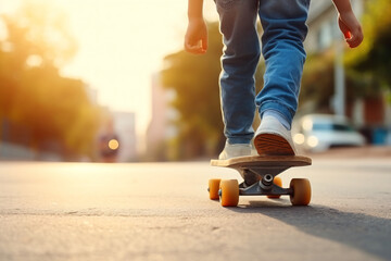 A boy skateboard on the street. Sunset background. Back view. Challenging activities and childhood experiences Copy space. Soft focus and blurred background.