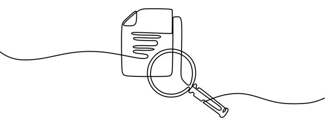 Magnifying glass in continuous one line drawing. Concept of Business analysis in simple outline style. Used for logo, emblem, web banner, presentation. Doodle Vector Illustration