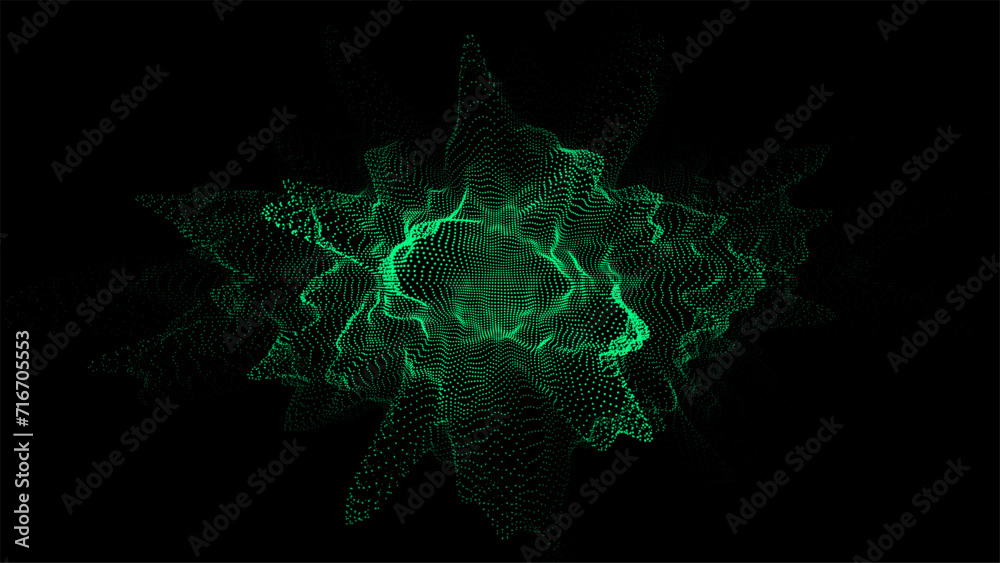 Aufkleber Abstract digital green circle wave on black background. Big data visualization. Analytics representation. Vector sphere with explosion of bright particles.