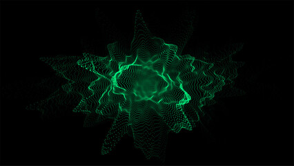 Abstract digital green circle wave on black background. Big data visualization. Analytics representation. Vector sphere with explosion of bright particles.