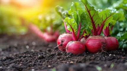 Beetroot on the dark black soil  ground  in the vegetable   garden. Organic autumn harvest - obrazy, fototapety, plakaty