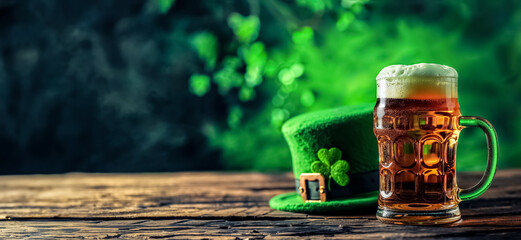 Chope de bière blonde à côté d'un chapeau vert de leprechaun - fond vert et espace vide - obrazy, fototapety, plakaty