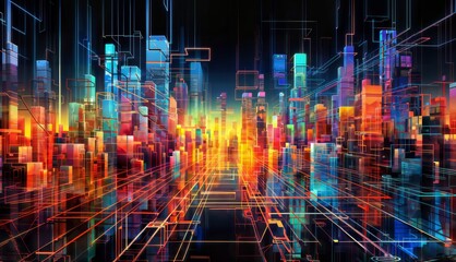 Abstract 3d illustration of futuristic city with neon lights on black background