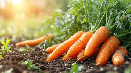 carrots on the dark black soil ground in the vegetable garden. Organic autumn harvest - obrazy, fototapety, plakaty