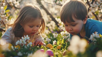 Children delightedly discovering Easter eggs hidden in a blossoming garden, their joyous expressions beautifully preserved by the HD camera