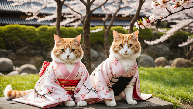 Cute cats, dressed in kimonos, are taking a rest in a beautiful Japanese garden with cherry blossoms