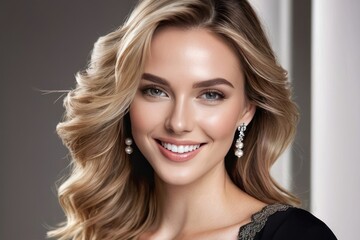 Naklejka premium Portrait luxury model young woman with white teeth smile, healthy hair, beauty skin and professional makeup. Concept of advertising a dentist, facial and hair care. Generative AI