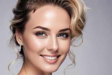 Portrait luxury model young woman with white teeth smile, healthy hair, beauty skin and professional makeup. Concept of advertising a dentist, facial and hair care. Generative AI