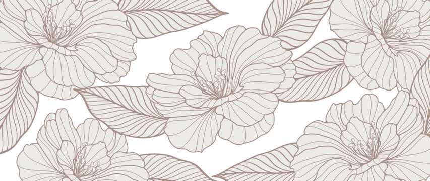 Delicate beige floral vector background with lush flowers and leaves. Floral card, wallpaper, cover design.