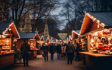 Christmas market and decorations, crowd of people doing Christmas and New Year shopping in a festive atmosphere