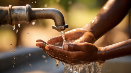 dark-skinned child extends his hands toward a faucet of clean water, the concept of urgent need for clean water solutions in African communities