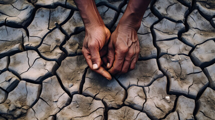 close-up of a pair of hands on a cracked dry riverbed background, urgent need for clean water solutions in African communities