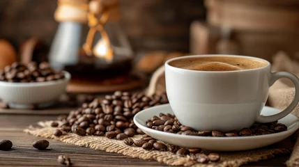 Foto op Plexiglas Cup of hot coffee and coffee beans . generative AI © Nim