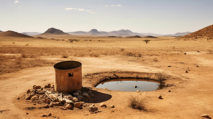an empty water well, illustrating the dire consequences of water scarcity in the African region - obrazy, fototapety, plakaty