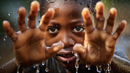 African child enjoys the clean water, the concept of the urgent need for clean water solutions in African communities