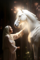 Female shamanic spiritual animal healer giving healing energy to a beautiful white horse 