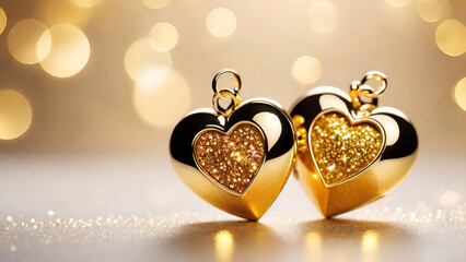Two gold heart shaped pendants with brilliant shimmering diamonds on golden bokeh background.
Valentine's Day gift,Love, jewelry concept with copy space.