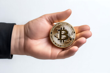 A hand in a suit holds a bitcoin on a white isolated background.