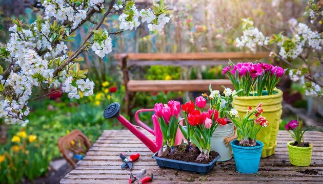 Floral Haven: Rubber Boots, Tools, and Blooms in the Spring Garden"