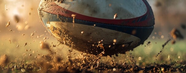 Banner. Dynamic photo of rugby ball bounces off ground, kicking up dust and dirt as it moves.