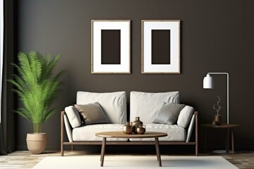 Modern interior with a poster frame on a dark brown wall. Generative AI
