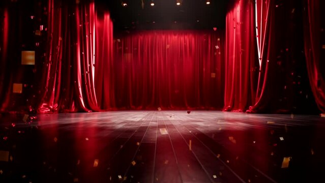 Animation of red curtain on stage with spotlight for luxury show, theater, exhibition event