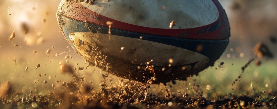 Banner. Dynamic photo of rugby ball bounces off ground, kicking up dust and dirt as it moves.
