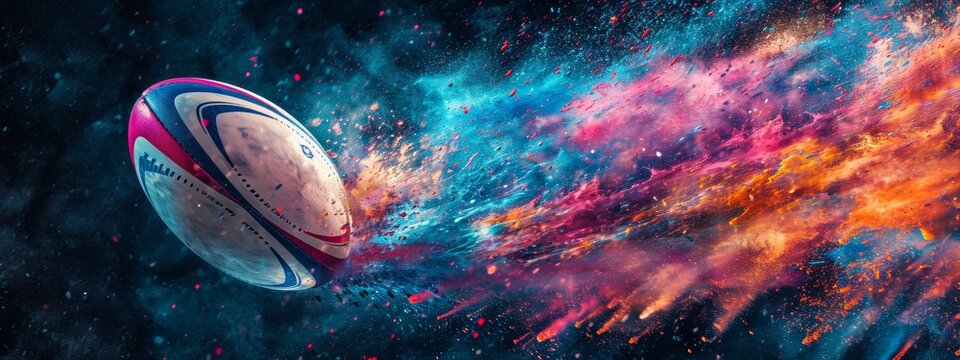 Banner. Dynamic shot of Rugby ball flying from colorful dust in motion against black background with negative space to insert text.
