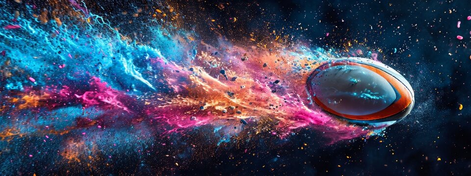 Banner. Dynamic shot of American Football ball flying from colorful dust in motion against black background with negative space to insert text.