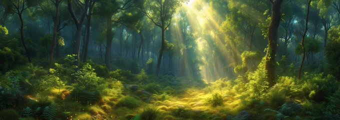 Foto op Plexiglas Mistige ochtendstond a forest with green sun lighting up the leaves,