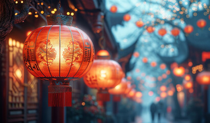 lanternChinese New Year. Cityscape with lantern light and cherry blossom idea for spring festival background wallpaper. Generative AI