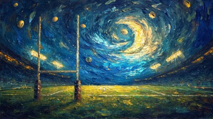 Painted artwork of empty sport field, Rugby stadium with green grass illuminated spotlights in evening. View on gates.