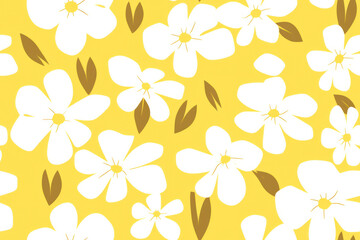 Seamless Floral Delight: A Simple yet Romantic Vintage Wallpaper with Blooming Chamomile and Yellow Blossoms, Creating a Cute and Retro Garden Oasis on a White Background