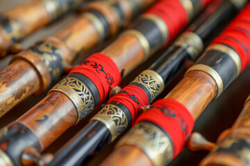 Closeup of Scottish pipes with red ornamental band
