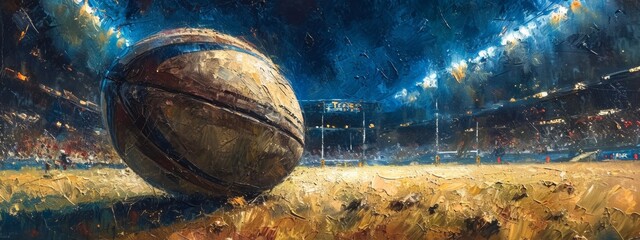 Banner. Painted artwork of rugby ball lying on green grass of field illuminated with spotlights at...