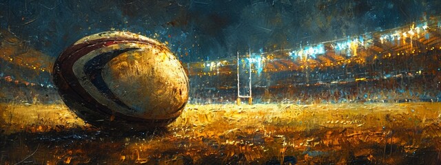 Drawn artwork of rugby, American football ball lying on green grass of field illuminated with spotlights at night. Sport games.