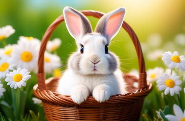 Little rabbit sitting in the basket. Chamomile and sunny day.