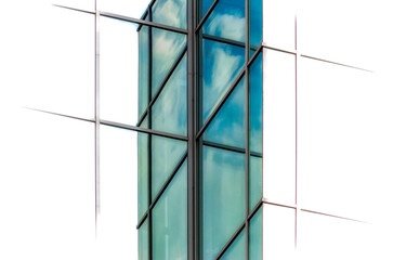 windows of a tall business office building with reflection of sky and clouds on a white background...