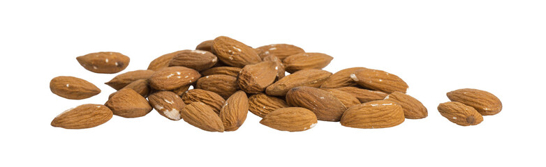 heap of peeled almonds on a white isolated background