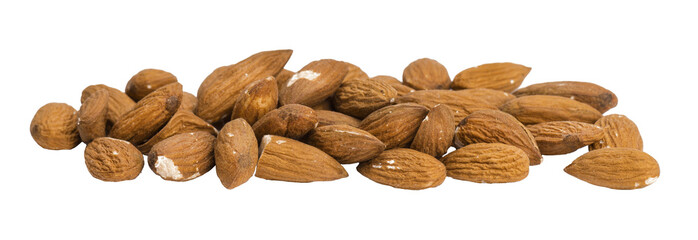 heap of peeled almonds on a white isolated background