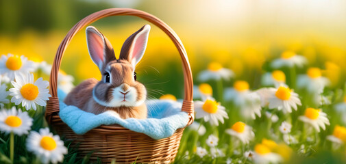 Rabbit sitting in basket. Spring flowers. Sunny day. Bokeh. Copy place. Banner design.