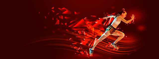 Speed. Young sportive woman, runner athlete in motion, running over red background with polygonal and fluid neon elements. Concept of sport, action, competition, tournament. Banner for sport events